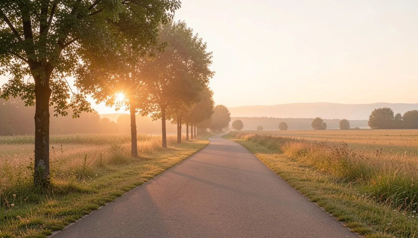 Gentle morning pathway with soft horizon lines suggesting a calm walking route